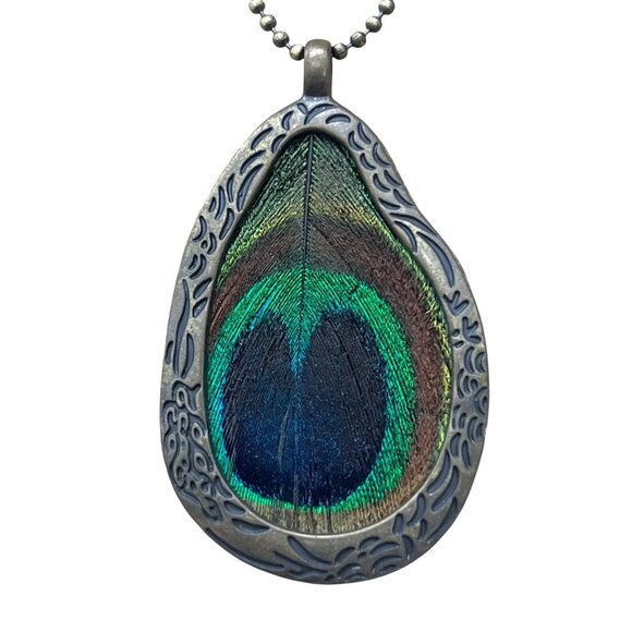 Peacock Feather Pendant Necklace Antique Gold Finish Adjustable Ball Chain - Picture 2 of 5